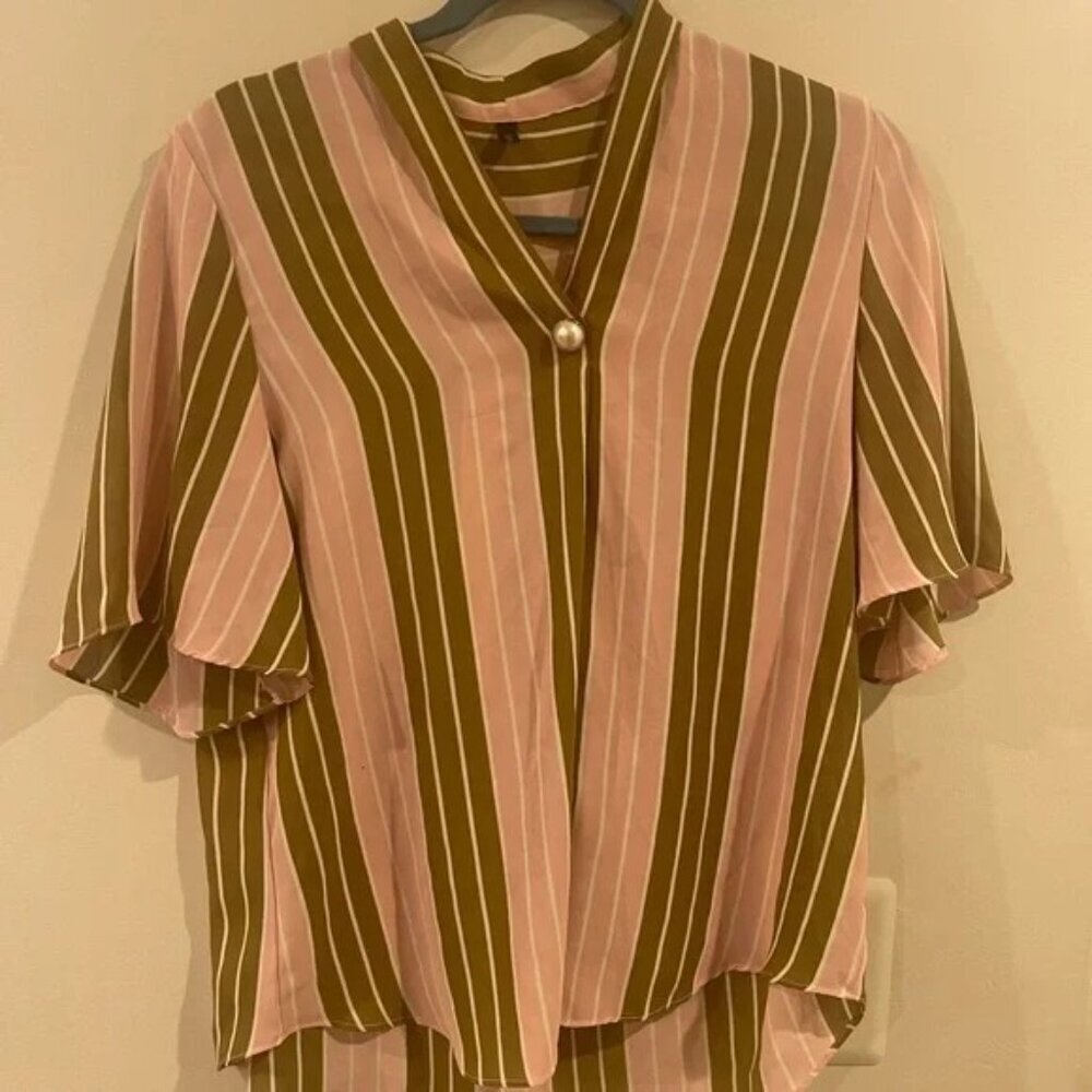 Women's Multicolor V Neck Short Sleeve Striped Outdoor Crop Top Size Medium - Picture 2 of 2